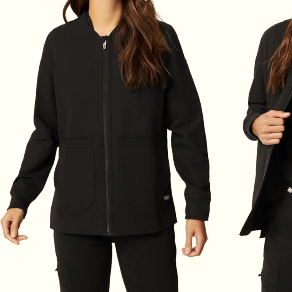 Figs Black Bomber Jacket with Cozy Fabric and Full-Length Zipper